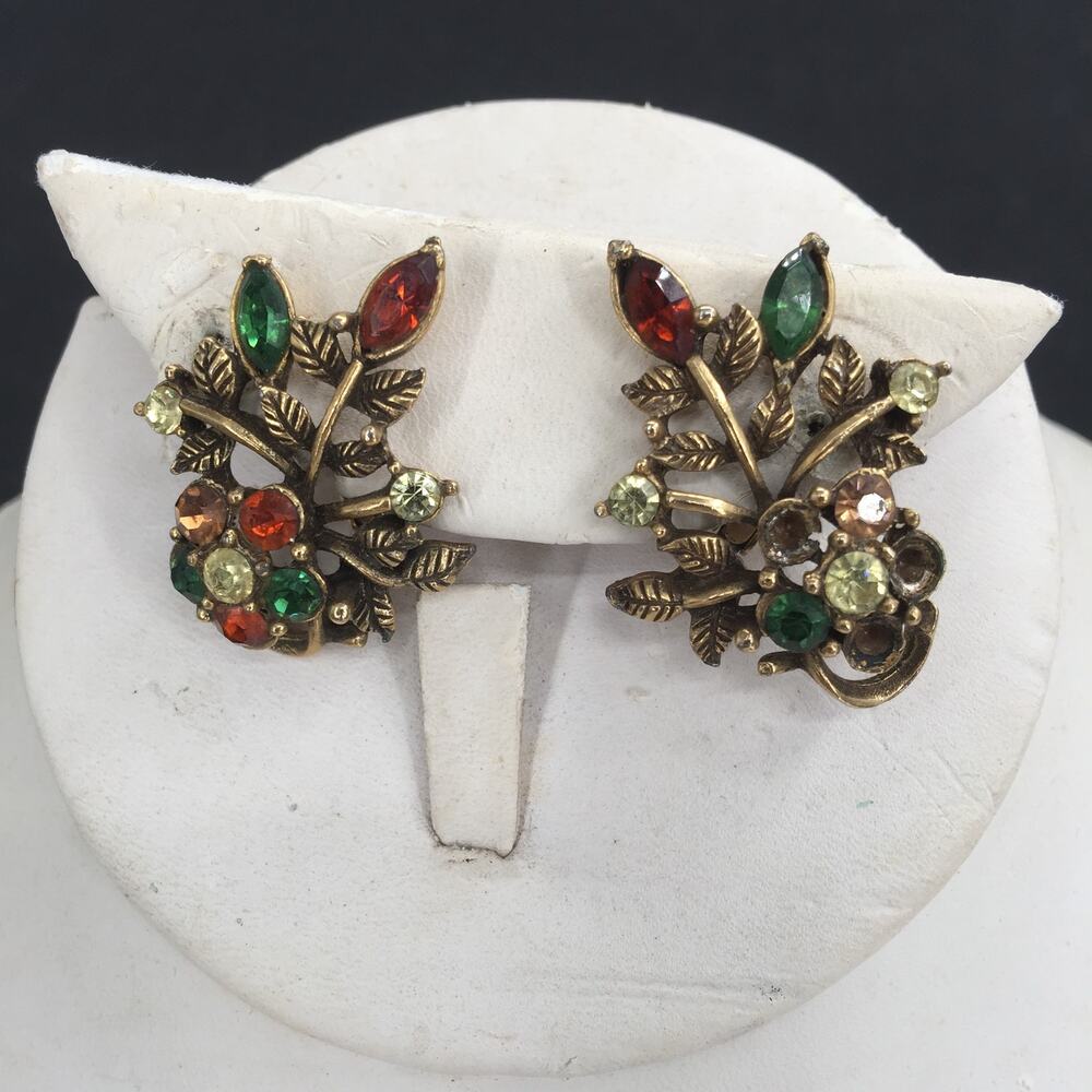 Coro Vintage Clip On Earrings Multicolor Costume Rhinestone Leaves
